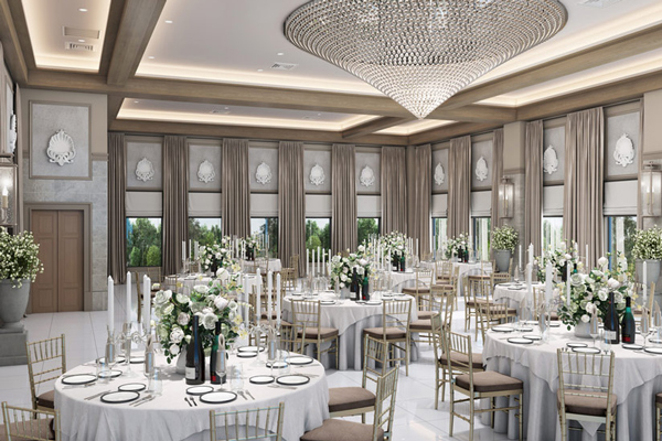 3D rendering of the new ballroom at Villa Venezia with tables and place settings